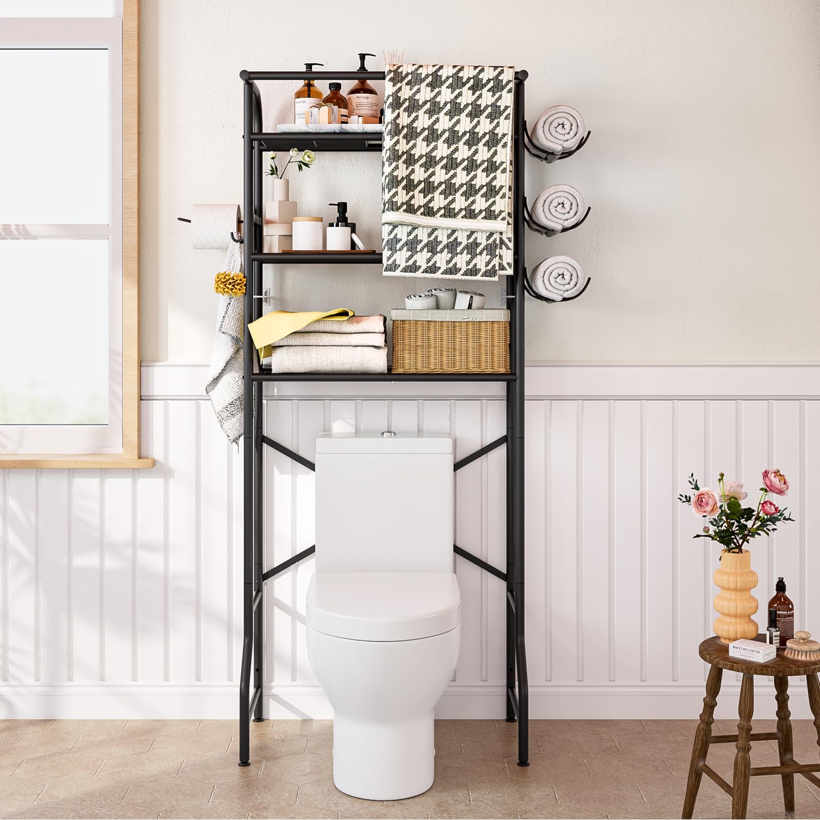 Dazioter Over The Toilet Storage Metal 3 Tier Bathroom Organizer Shelf with Paper Holder Easy to Assemble & Space Saving (Black)