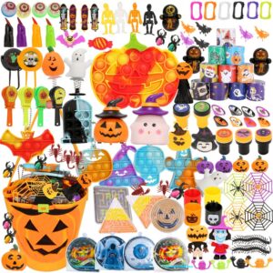 aproat 140pcs halloween party favors for kids, bulk halloween premium toys with pumpkin buckets, halloween non-candy treats basket filler for trick or treat, halloween goodies bag stuffers