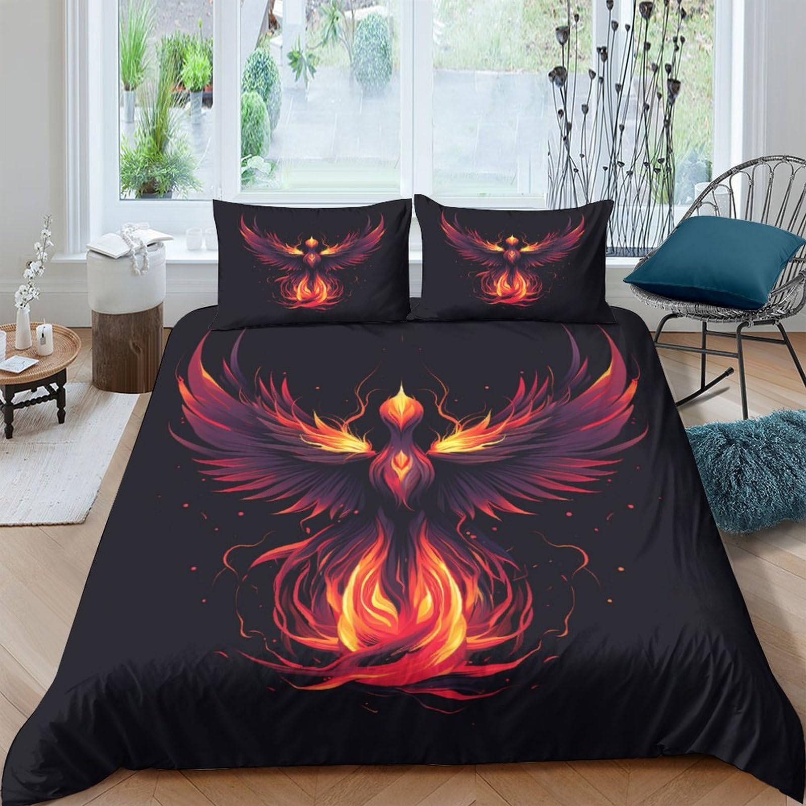 EVMILA Fire Phoenix Bedding Set 3D Printed Comforter Covers Duvet Cover Quilt Cover with Pillowcases for Childrens and Adults 3 Pieces Microfiber with Zipper Closure Twin（173x218cm）