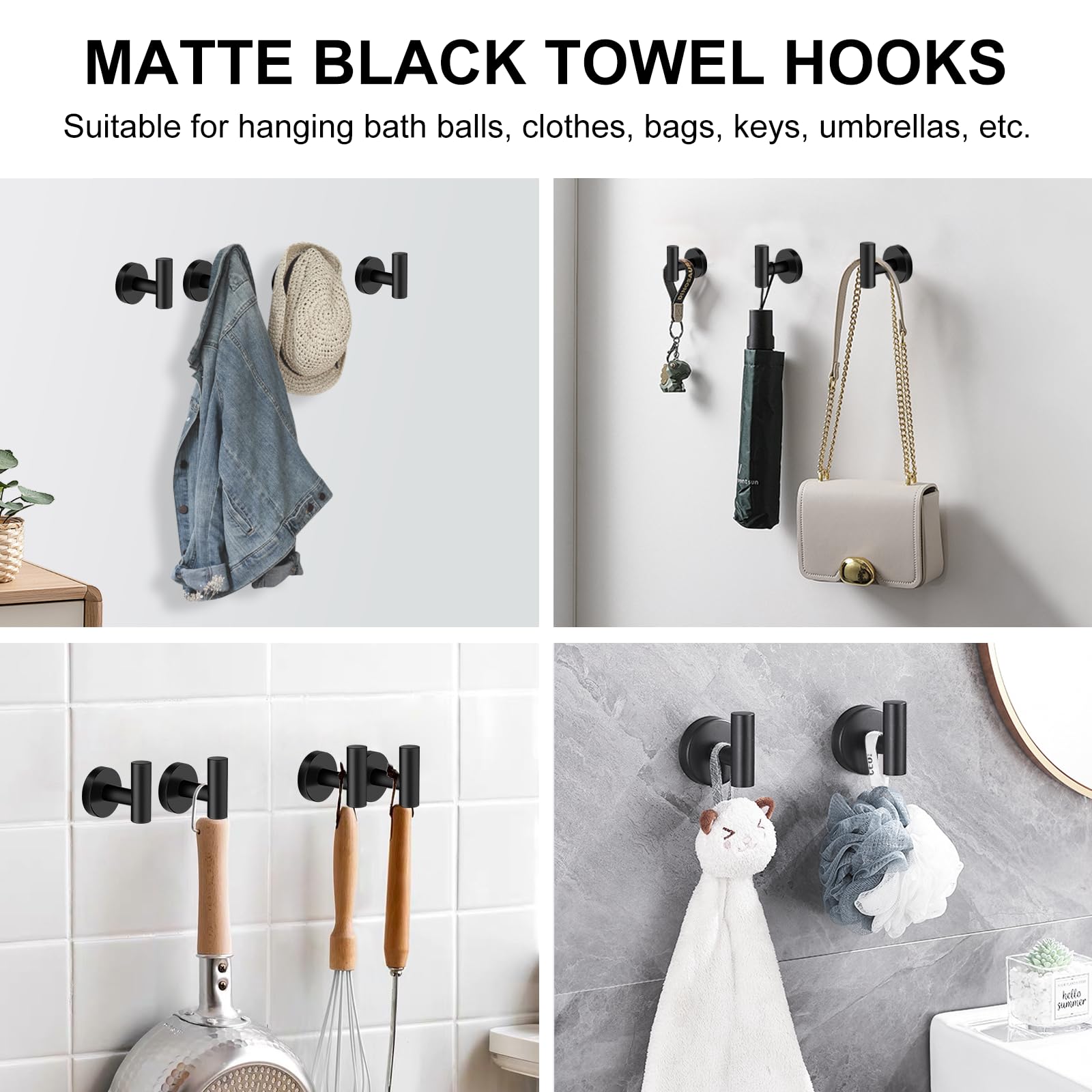 SetSail Towel Hooks for Bathrooms 4 Packs Matte Black Bathroom Towel Hook Wall Mounted 304 Stainless Steel Shower Towel Hooks for Coat Hanging, Drill Hole