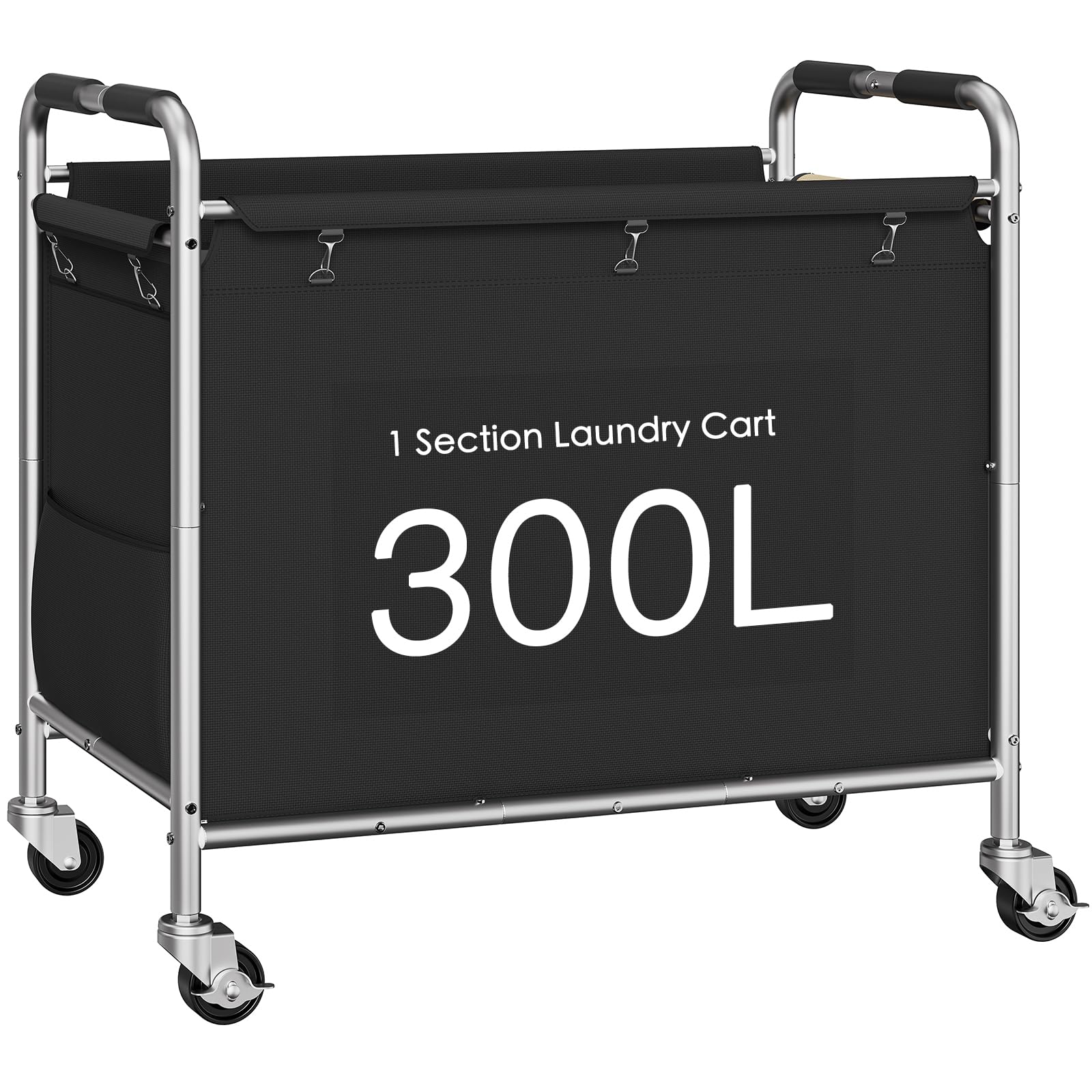 FIONESO Laundry Basket with Wheels, Rolling Laundry Sorter Cart with Side pockets, 79.3GAL(300L) Heavy Duty Laundry hamper with Removable Bag, Commercial Laundry Cart for Laundry, Bedroom, Black