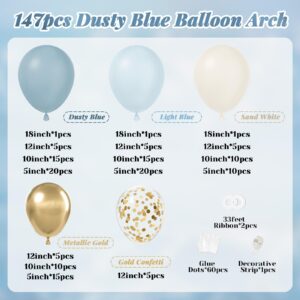 147pcs Dusty Blue Balloon Garland Arch Kit, Dusty Blue Light Baby Blue Sand White Metallic Gold Confetti for Birthday Wedding Bridal Shower Boho Baby Shower Party Decorations