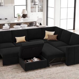 Belffin Modular Sectional Sleeper Couch with Pull Out Sofa Bed Velvet Convertible L Shaped Sectional Sofa with Storage Ottoman for Living Room Black