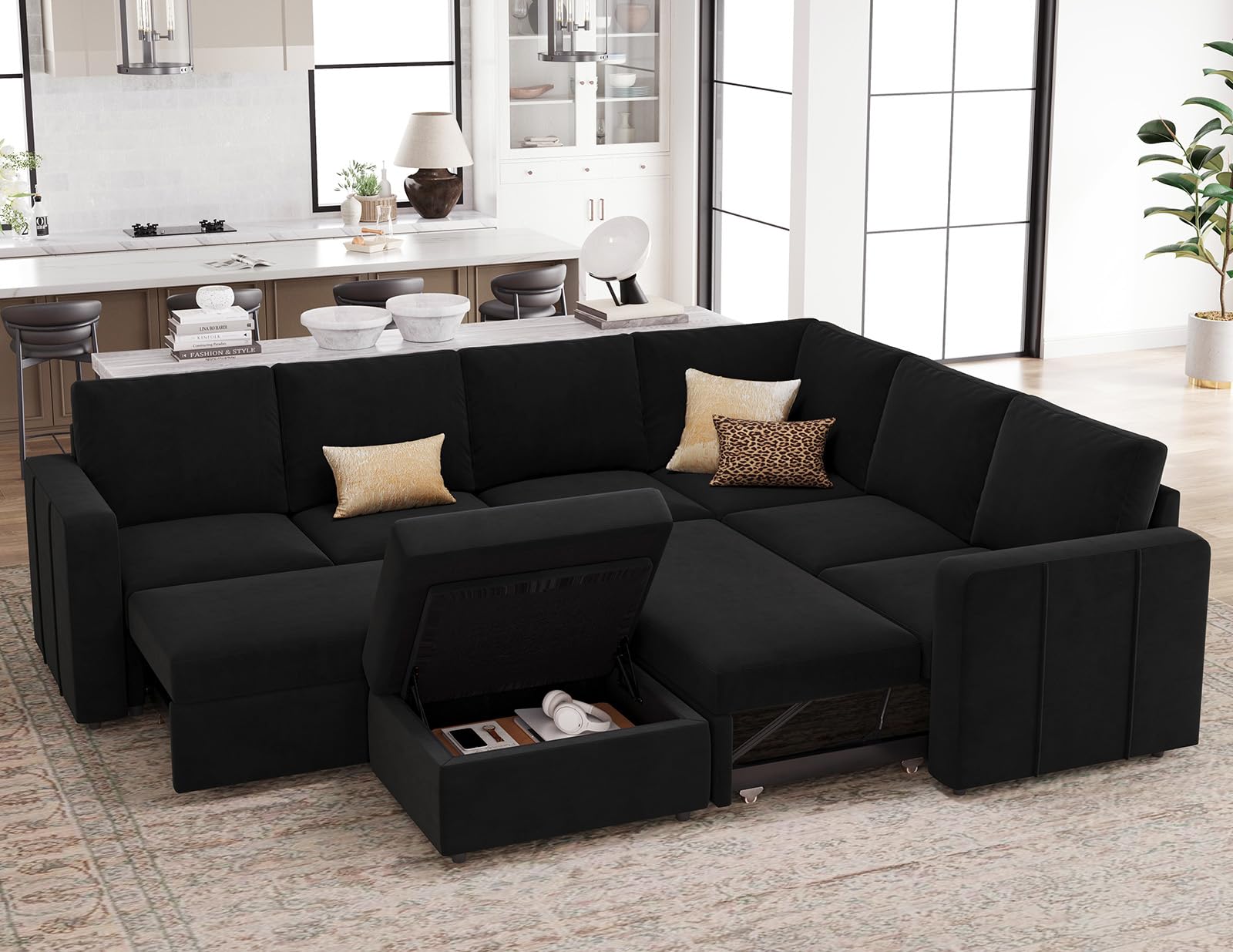 Belffin Modular Sectional Sleeper Couch with Pull Out Sofa Bed Velvet Convertible L Shaped Sectional Sofa with Storage Ottoman for Living Room Black