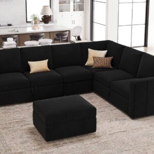 Belffin Modular Sectional Sleeper Couch with Pull Out Sofa Bed Velvet Convertible L Shaped Sectional Sofa with Storage Ottoman for Living Room Black