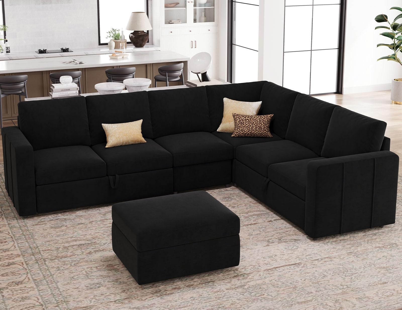 Belffin Modular Sectional Sleeper Couch with Pull Out Sofa Bed Velvet Convertible L Shaped Sectional Sofa with Storage Ottoman for Living Room Black