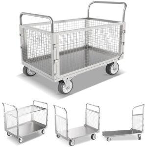 platform truck cart with cage, 4-in-1 heavy duty push cart dolly, multi-functional folding flatbed cart, platform hand truck dolly flatbed cart with detachable cage (silver-002)