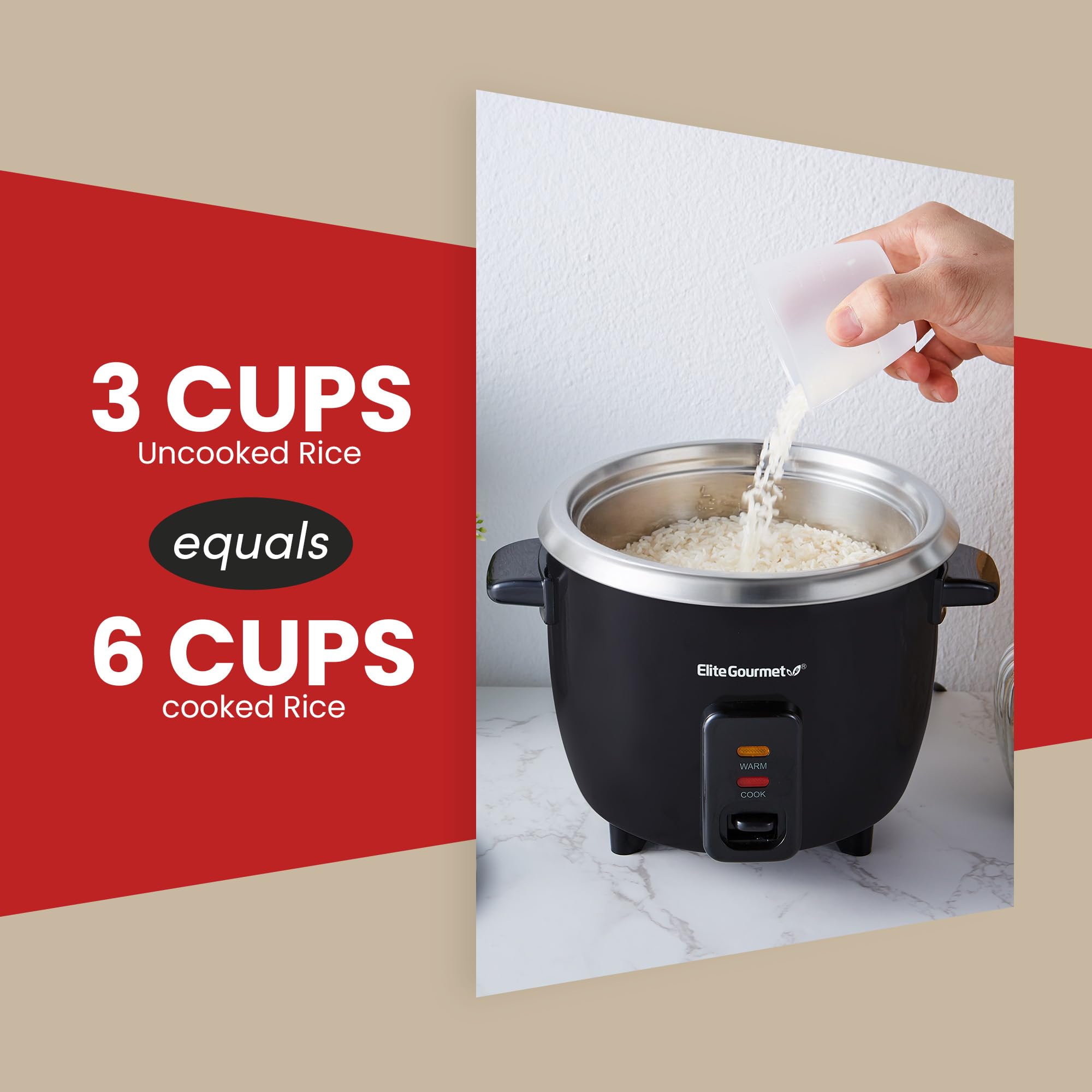 Elite Gourmet ERC003B Electric Rice Cooker with Automatic Keep Warm Makes Soups, Stews, Grains, Hot Cereals, 6 Cups Cooked (3 Cups Uncooked), Black