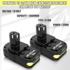 3.0Ah Replacement for Ryobi 18V Batteries Compatible with Ryobi 18V Lithium Battery P102 P103 P104 P105 P107 P108 P109 P190 P122 for 18 Volt Cordless Power Tools 2 Packs(Green)