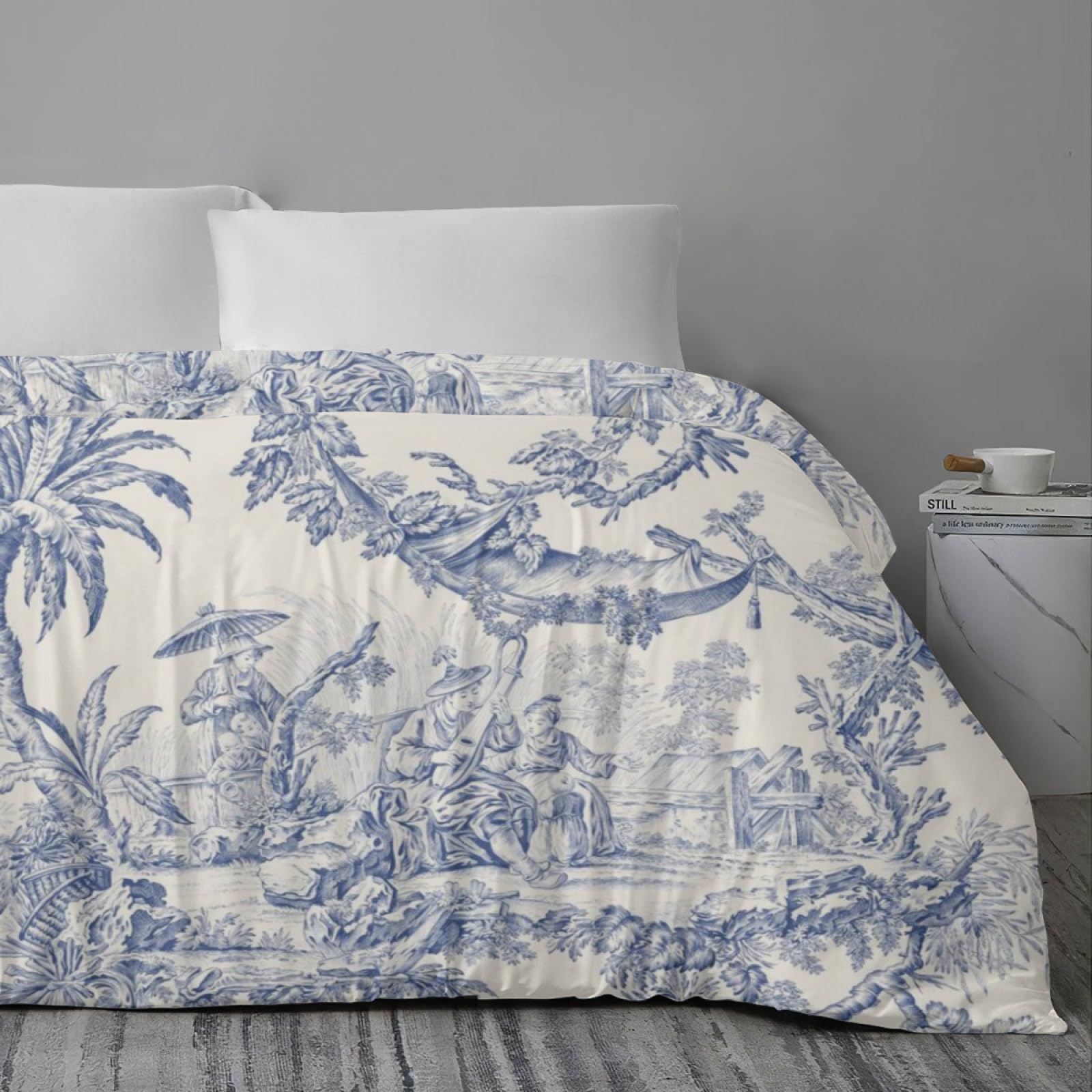 XIAOHUOZI Bedding Sheet Bed Sets - Blue French Country Toile Pattern Soft 3-Pieces Duvet Cover Set 1 Duvet Cover with 2 Pillow Shams King(90""×104""), White 0