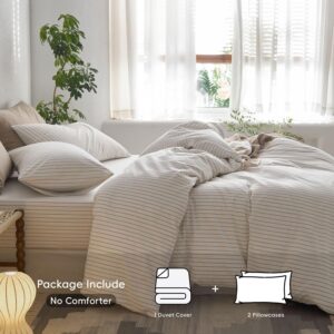 MooMee Bedding Duvet Cover Set Striped 100% Washed Cotton Linen Like Textured Breathable Durable Soft Comfy (White Tannish Linen Grey Stripe, King)