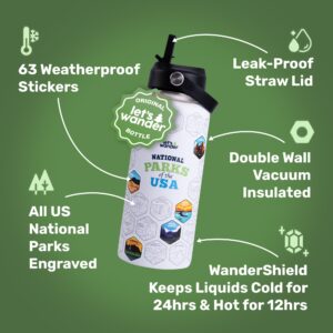 LET'S WANDER Original Lets Wander National Park Water Bottle with Waterproof Stickers - 32oz Leakproof Insulated Stainless Steel with Straw - Parks of the USA Bucket List Bottle [WHITE]