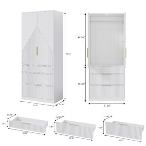 71.7 " Wardrobe Armoire Wooden Closet with 2 Doors and 3 Drawer, Bedroom Armoire with Hanging Rod Shelf, Large Capacity Storage Wardrobe Armoire, Freestanding Wooden Closet Storage Cabinet White