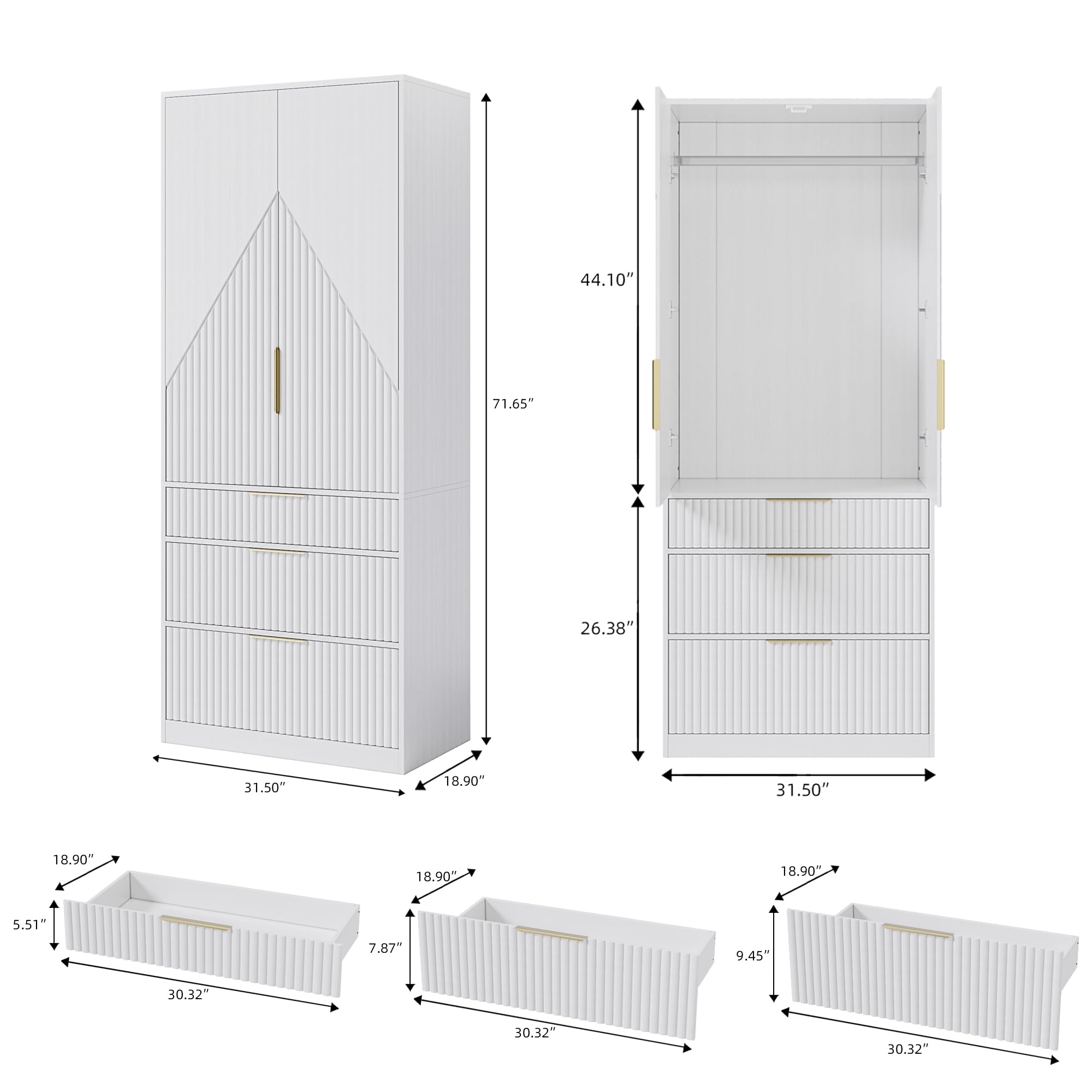 71.7 " Wardrobe Armoire Wooden Closet with 2 Doors and 3 Drawer, Bedroom Armoire with Hanging Rod Shelf, Large Capacity Storage Wardrobe Armoire, Freestanding Wooden Closet Storage Cabinet White