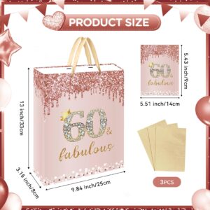 GOLDCROW Rose Gold 60th Birthday Gift Bag for Women with Handles Large Pink Happy 60th Birthday Gift Bag with 60th Birthday Wrapping Paper and Card for 60th Birthday Decorations Party Supplies