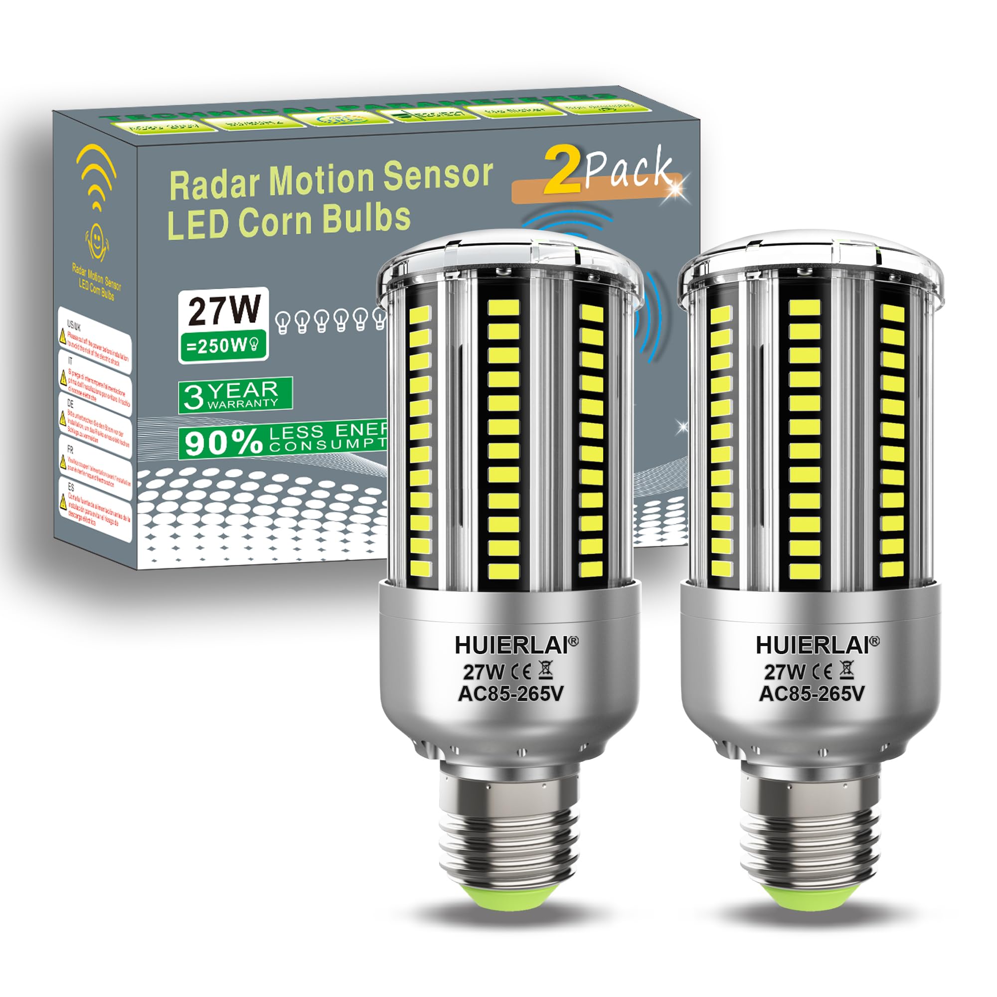 Radar Motion Sensor Light Bulbs A19 250W Equivalent AC85-265V 27W Motion Detector Auto Activated Dusk to Dawn Security Outdoor Porch Lights LED Bulb Daylight White 3375LM E26/E27 (2 Pack)