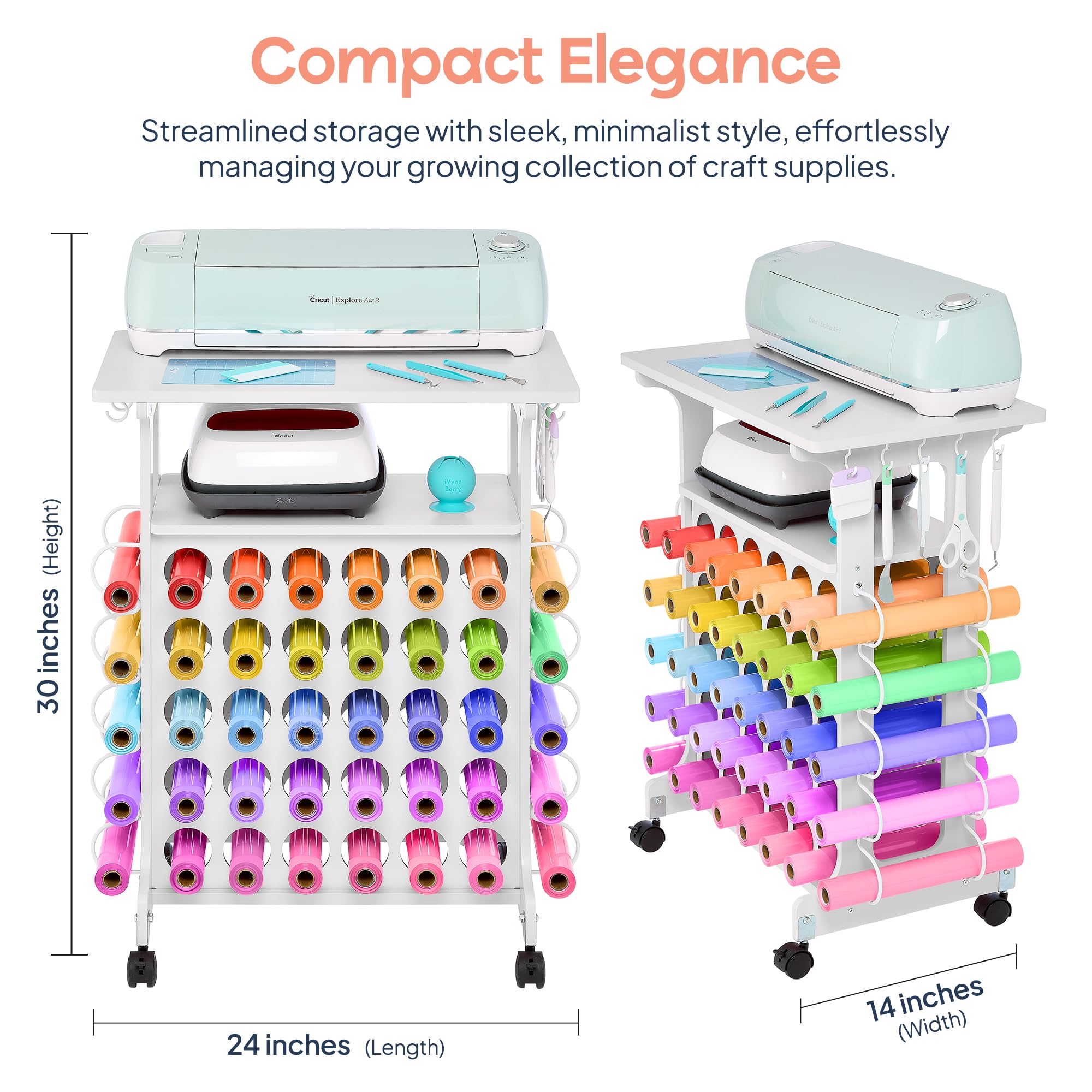 iVyne Vinyl Storage Cart 40 Vinyl Roll Holders for Cricut Organization and Storage Compatible with All Cricut Machines, Compact Craft Cart with Wheels & Tool Holders for Craft Rooms - White