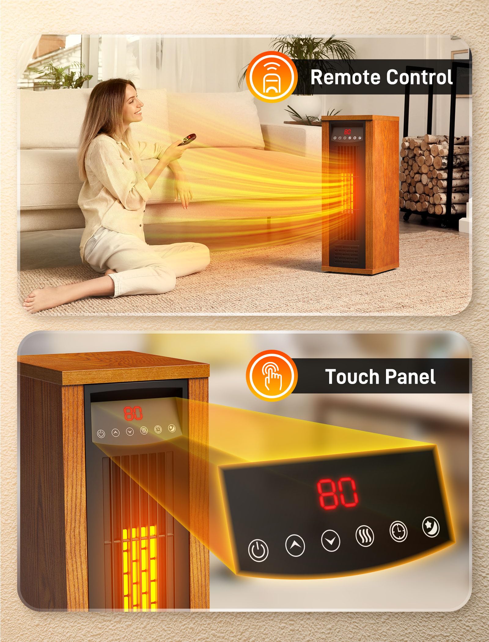 Air Choice Infrared Heater, 1500W Space Heater for Indoor Use with Thermostat, Remote, 3 Modes, 12H Timer, Fast Heating, Tip-over & Overheat Protection, Child Lock, Tower Heater for Bedroom, Office