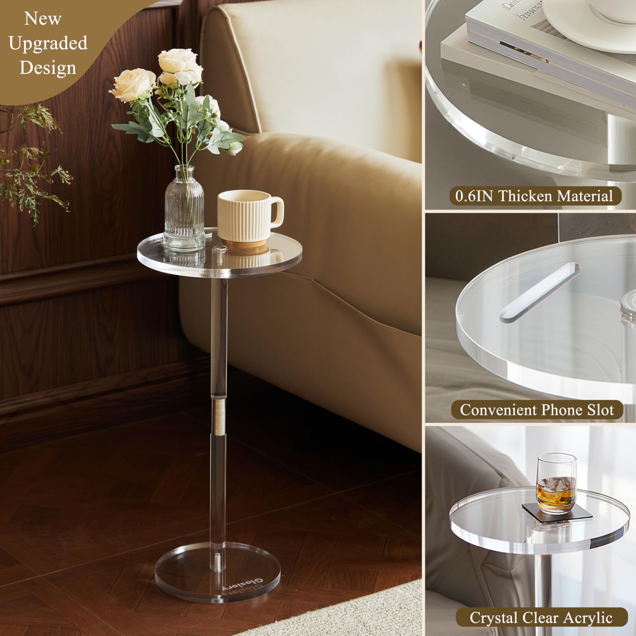 Acrylic Drink Table, Small Round Side Table for Small Space, Pedestal End Table with Phone Holder, Multi-Use Modern Accent Table, Martini/Cocktail Table for Living Room, 10"X21" Easy Assembly