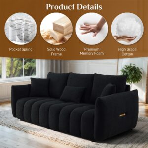 Wrofly 82" Teddy Cloud Sofa Couch, Comfy Upholstered Sherpa Deep Seat Boucle Sofa, Cozy Modern 3 Seater Couch with 3 Pillows, Oversized Loveseat for Living Room Apartment Office, Black