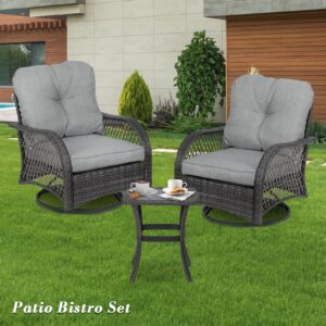 Athena Collection Swivel Patio Furniture Set, Outdoor Table and Chairs Set 3 Piece All Weather PE Rattan Conversation Set with Upholstered Seat and Backrest for Bistro, Garden, Backyard, Gray