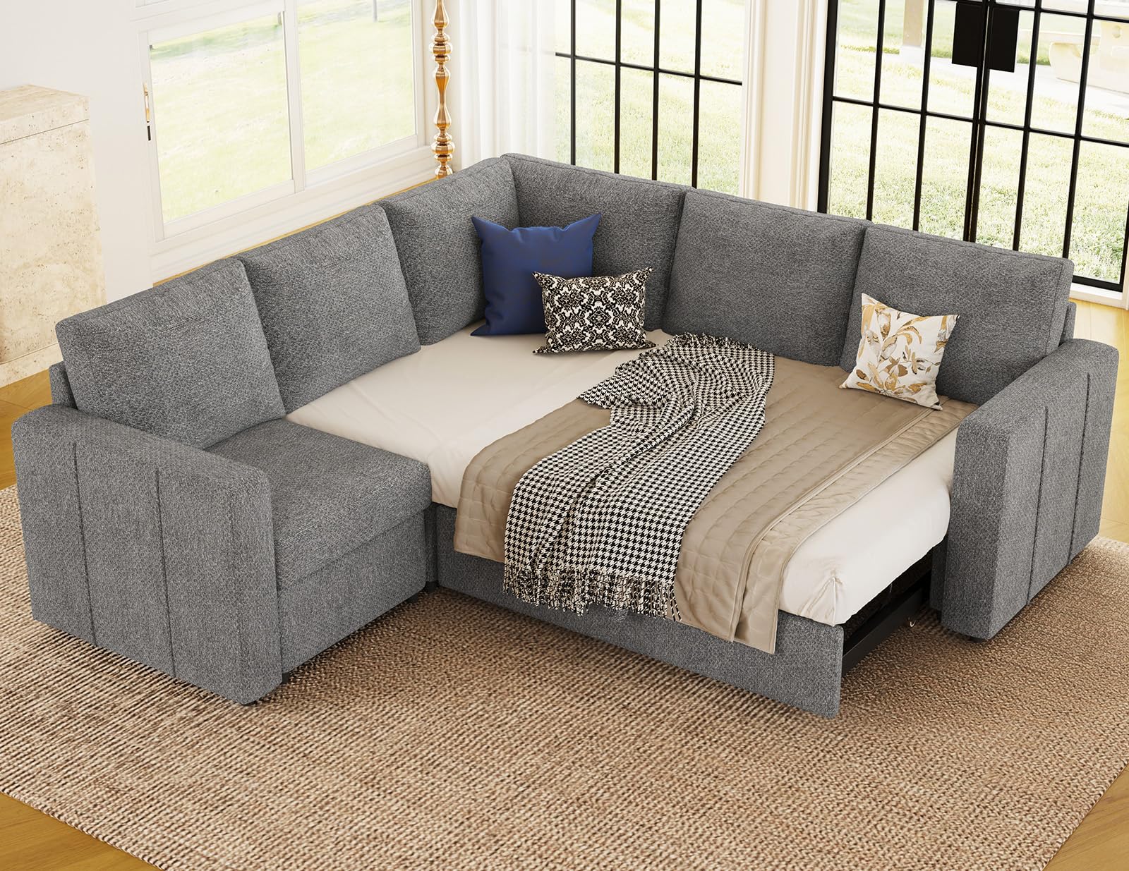 Belffin L Shape Modular Sectional Sleeper Sofa with Pull Out Bed Corner Sleeper Sofa Sectional Couch Convertible Sofa Grey