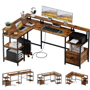 garveehome l shaped desk - 76 in office desk with dedicated monitor shelf and power outlet, corner desk for home office with extensive drawers and storage, vintage brown