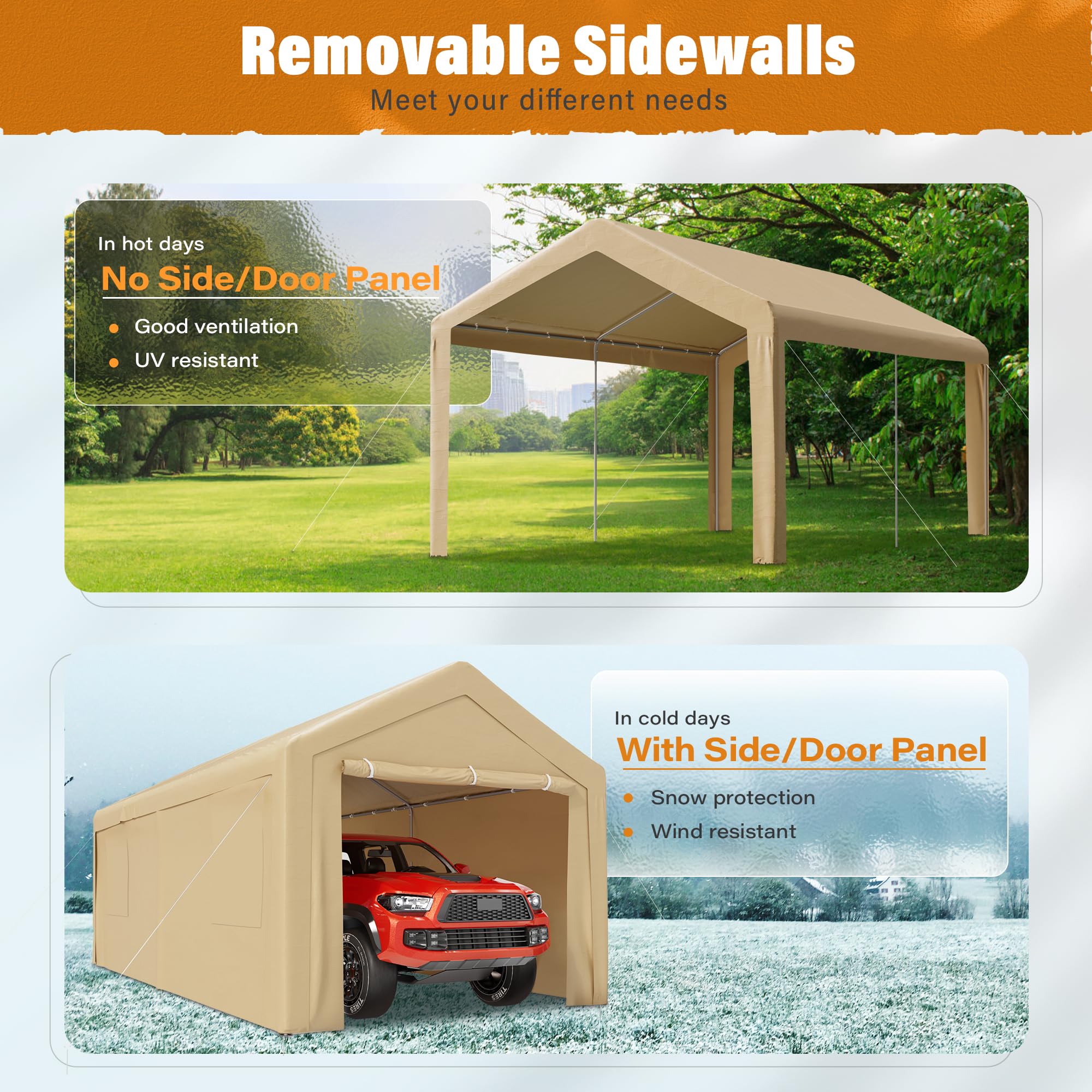 Betterland Carport, 10'x 20' Heavy Duty Carport Canopy，Outdoor Portable Garage with 2 Roll-up Doors & 4 Mesh Windows,All Weather Outside Car Shed for Car, Pickup,and Boat, Khaki