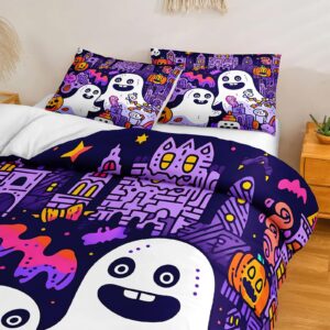 Chumerry Cute Ghost Duvet Cover Halloween Queen Bedding Set Orange Pumpkin Purple Castle Ghost Skull Halloween Decor Teens Kids Cute Graffiti Comforter Cover