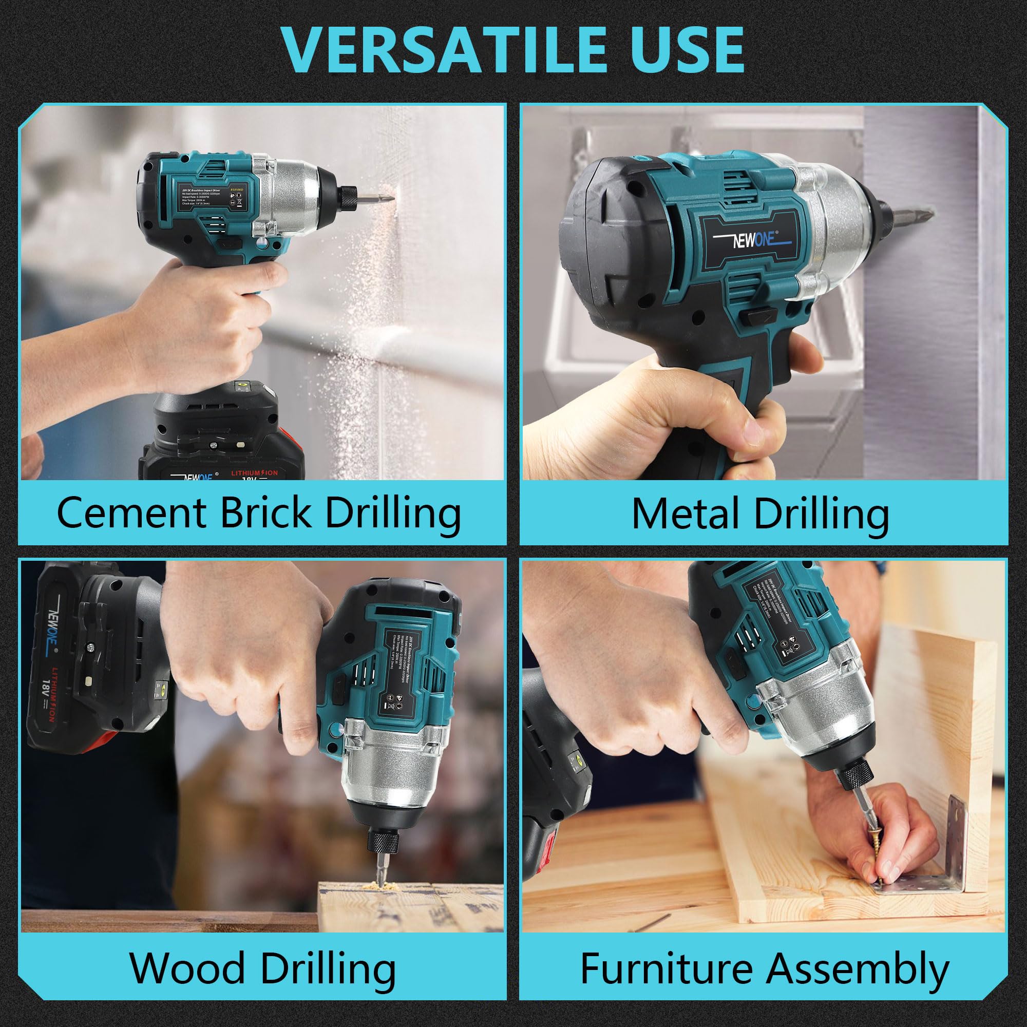 NEWONE Power Impact Driver Kit, 200N.m. 20V Cordless 1/4-Inch Impact Drill/Driver Set with LED Work Light, Variable Speed (0-3200 RPM), with 4Pcs Sockets,10Pcs Driver Bits,2 Batteries Charger
