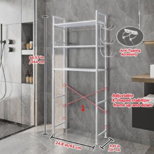 Dazioter Over The Toilet Storage Rack 3 Tier Bathroom Organizer Shelf Over Toilet Freestanding Space Saver Toilet Stands with 10 Hooks Multifunctional (White)