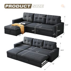 Favfurish 81.5" Sectional Sleeper Sofa with Storage Chaise, L Shaped Pull Out Couch Bed with 3 Removable Back Cushion for Living Room,Apartment,Dark Grey