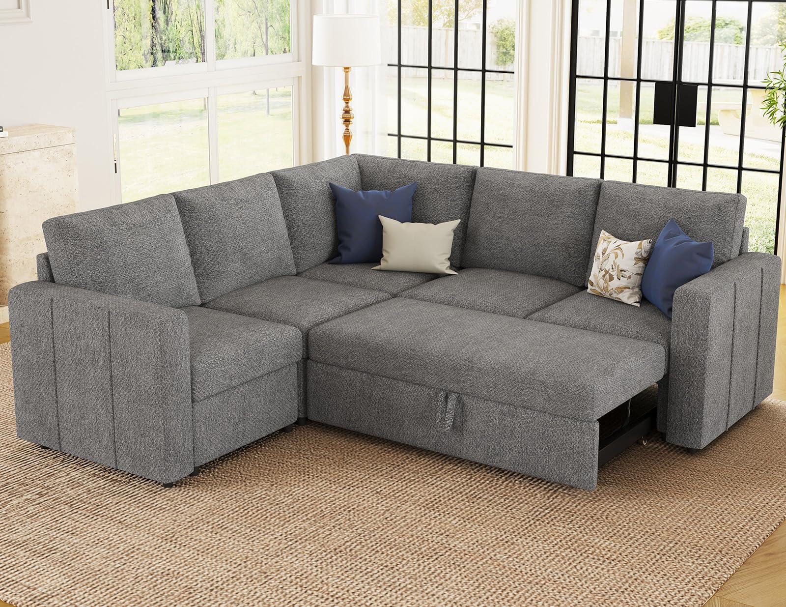 Belffin L Shape Modular Sectional Sleeper Sofa with Pull Out Bed Corner Sleeper Sofa Sectional Couch Convertible Sofa Grey