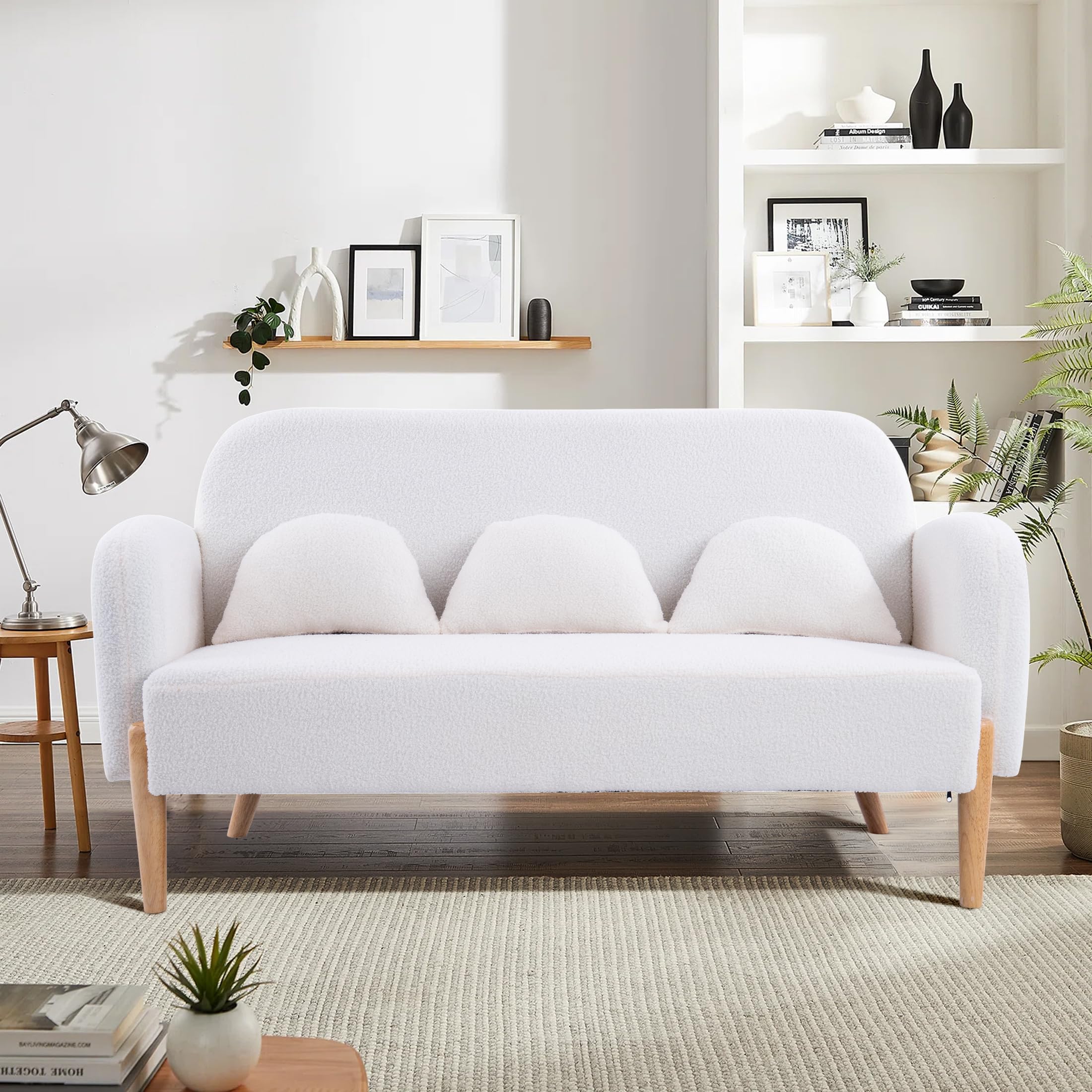 SumKea 59.1'' Teddy Loveseat Sofa, Futon Couch with Three Lumbar Pillows, Small Sofa Couch for Living Room, Apartment, Office, White