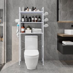 Dazioter Over The Toilet Storage Rack 3 Tier Bathroom Organizer Shelf Over Toilet Freestanding Space Saver Toilet Stands with 10 Hooks Multifunctional (White)