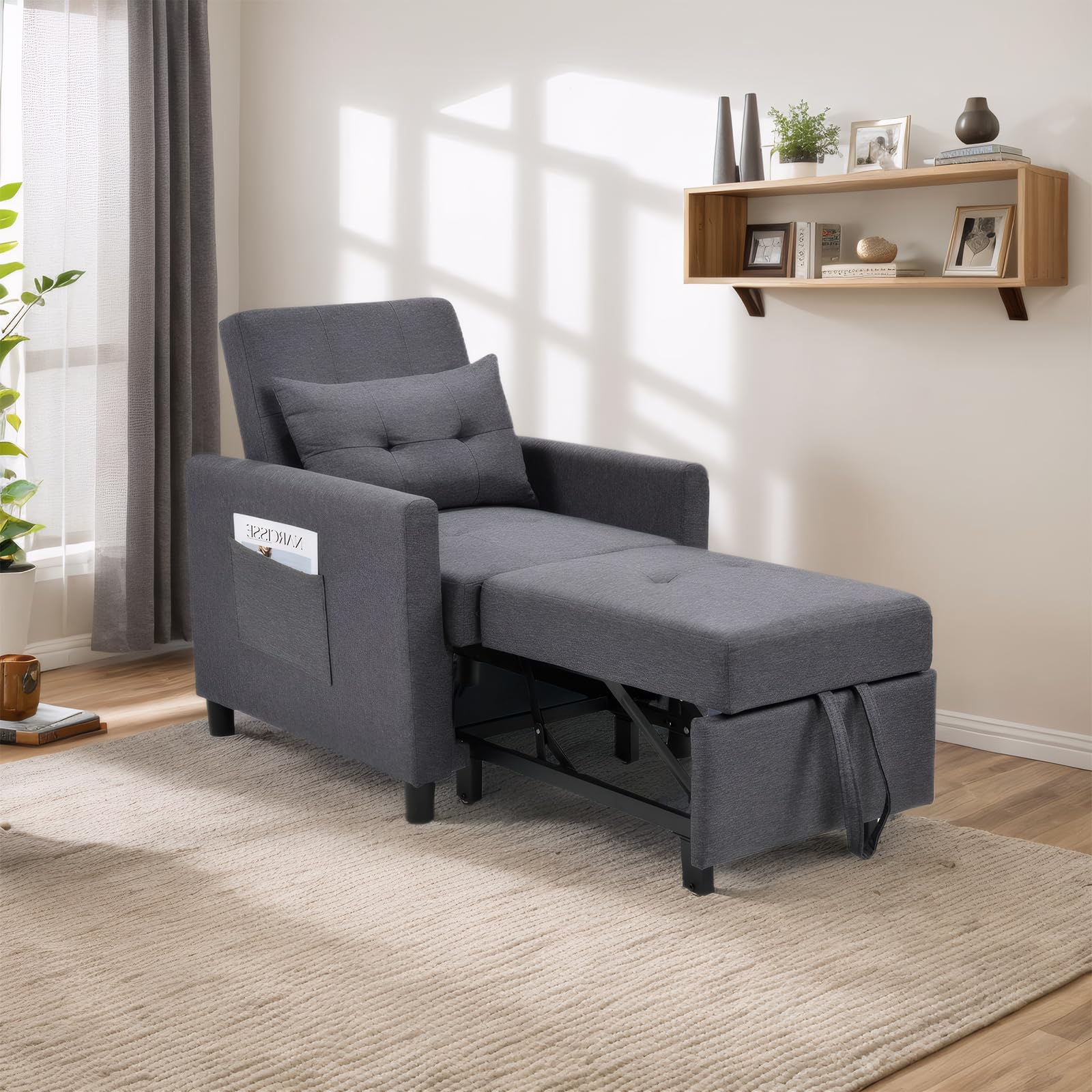 HABYMOKE Sleeper Sofa Chair Bed, 3-in-1 Convertible Single Sofa Bed with Modern Linen Fabric, Adjustable Sleeper Chair Pullout Sofa Bed for Living Room Apartment Small Spaces, Dark Gray