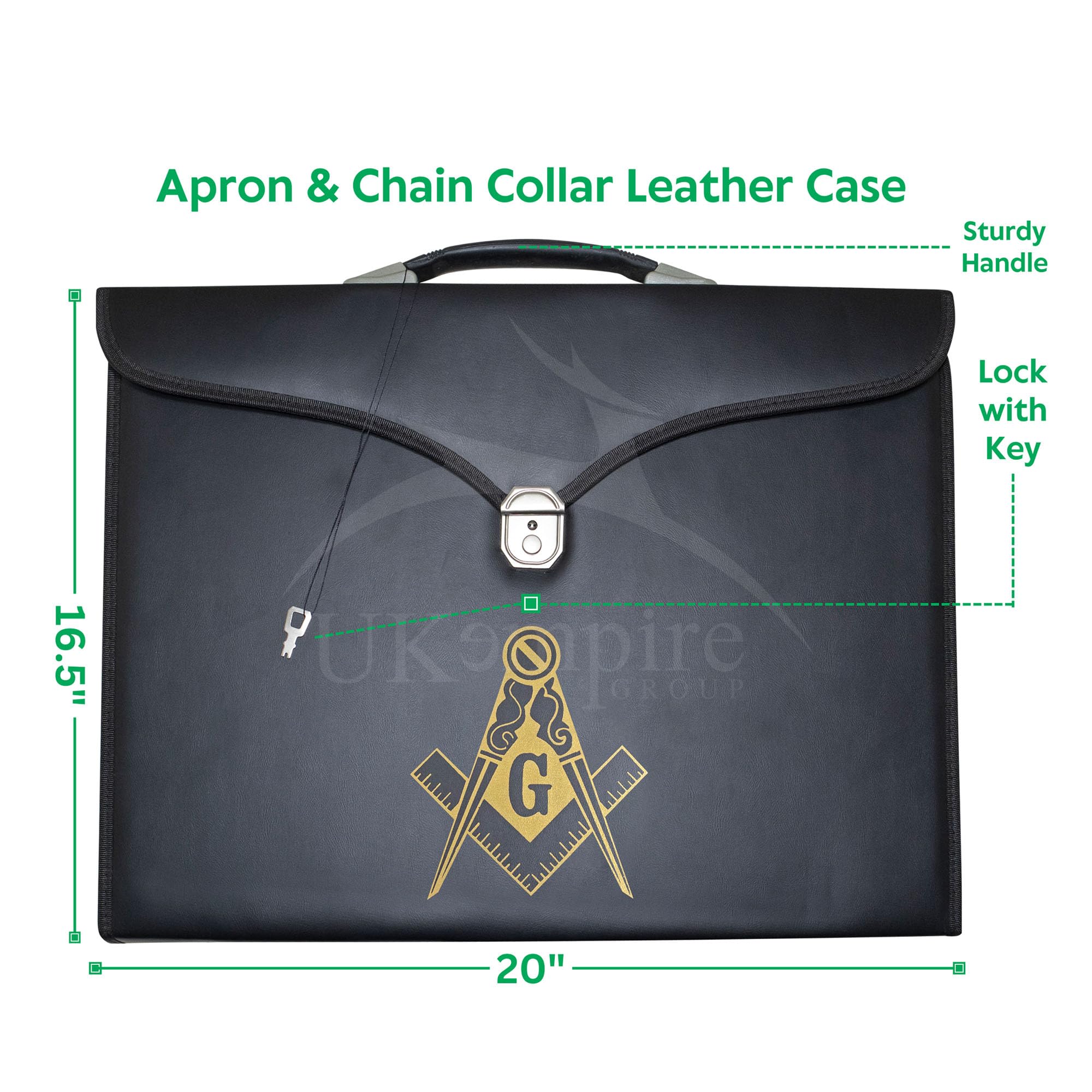 UK EMPIRE GROUP Masonic Apron & Chain Collar Case Leather Master Mason (Printed) MM, Provincial Size – Freemason Carrying Bags (Gold)