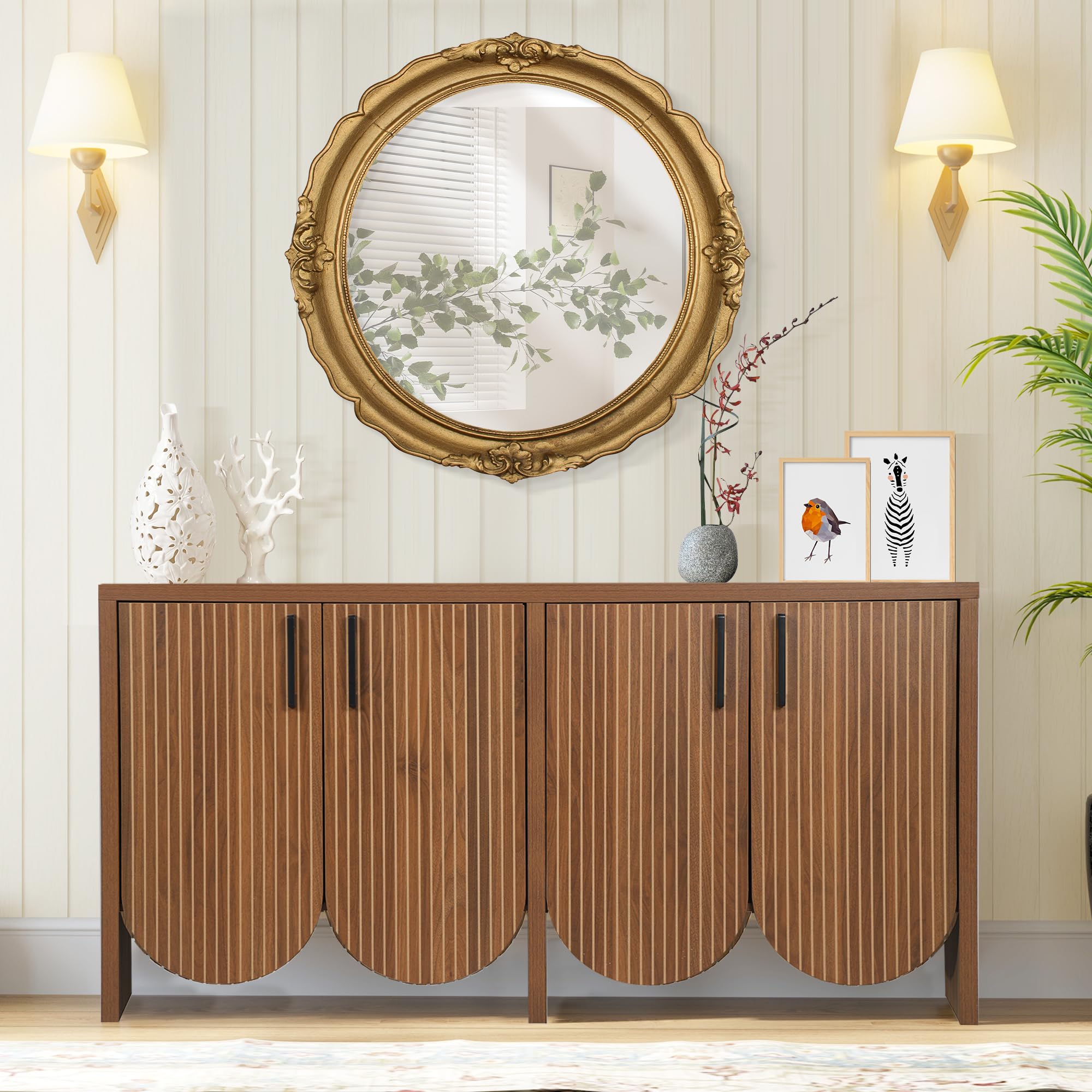 Fluted Buffet Sideboard Cabinet with Storage,Scandinavian 57.9” Storage Cabinet with Adjustable Shelves,Carved Arc Door Design Accent Buffet Cabinet for Living Room Dining Room (Walnut, 4 Door)