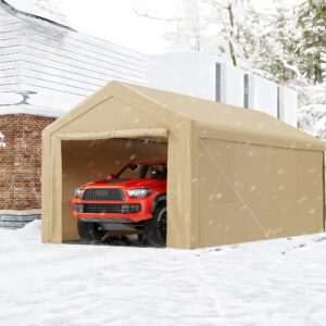 Betterland Carport, 10'x 20' Heavy Duty Carport Canopy，Outdoor Portable Garage with 2 Roll-up Doors & 4 Mesh Windows,All Weather Outside Car Shed for Car, Pickup,and Boat, Khaki