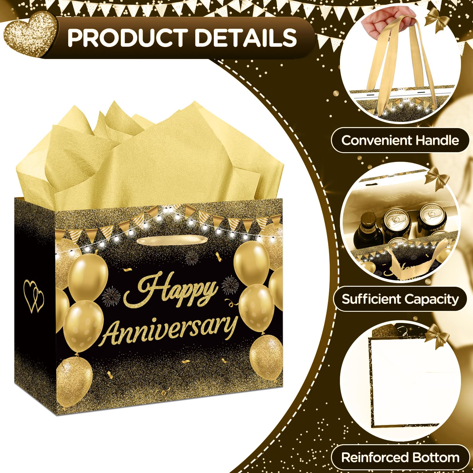 GOLDCROW Black Gold Anniversary Party Gift Bag with Tissue Papers and Card, Wedding Anniversary Paper Gift Wrapping Paper Bag11.8'' for Men Women Anniversary Party, Wedding Anniversary Party Supplies