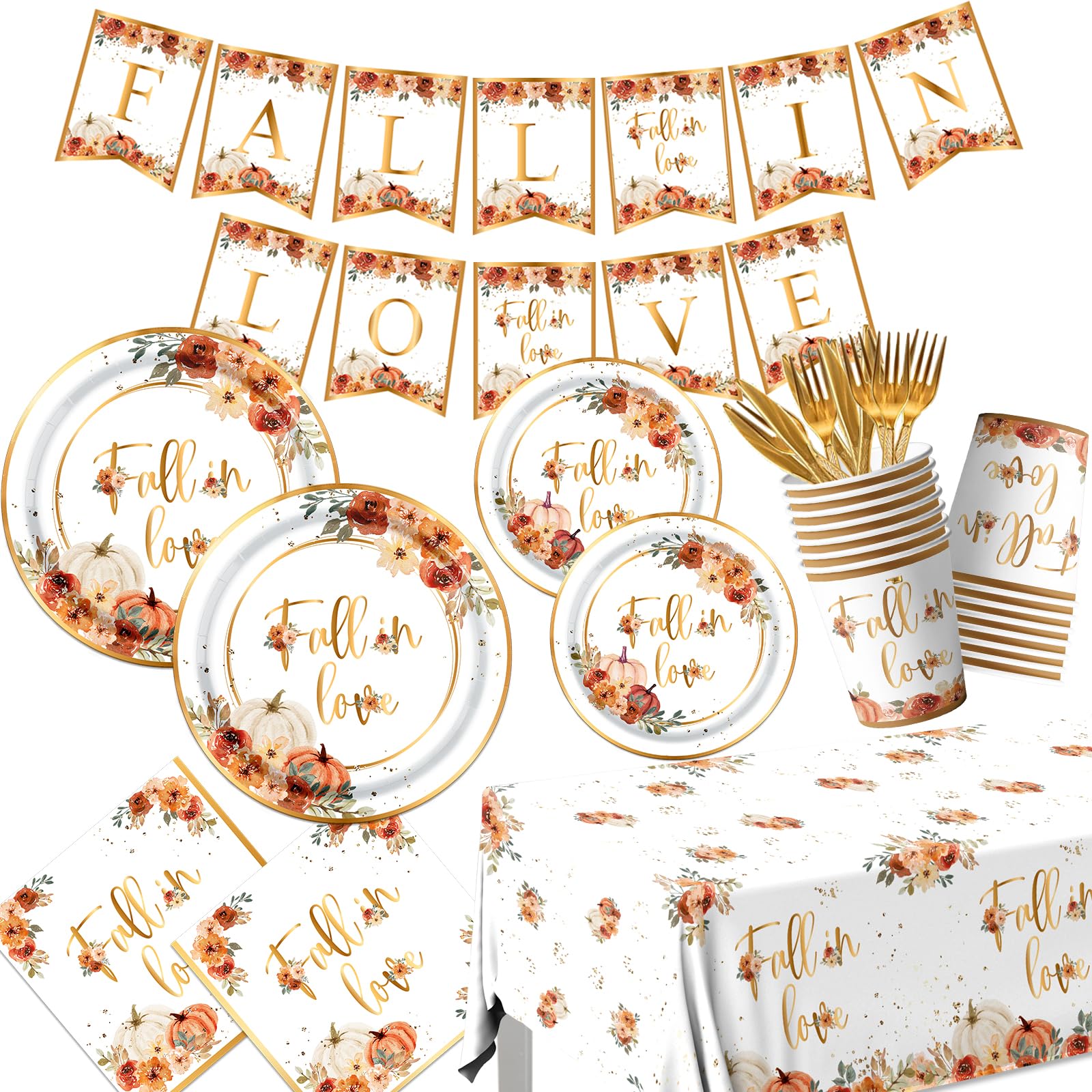 Fall In Love Bridal Shower Decorations Tableware, 142Pcs Fall In Love Decorations Includes Fall In Love Plates Fall In Love Napkins, Fall Bridal Shower Decorations Fall Engagement Party Decorations