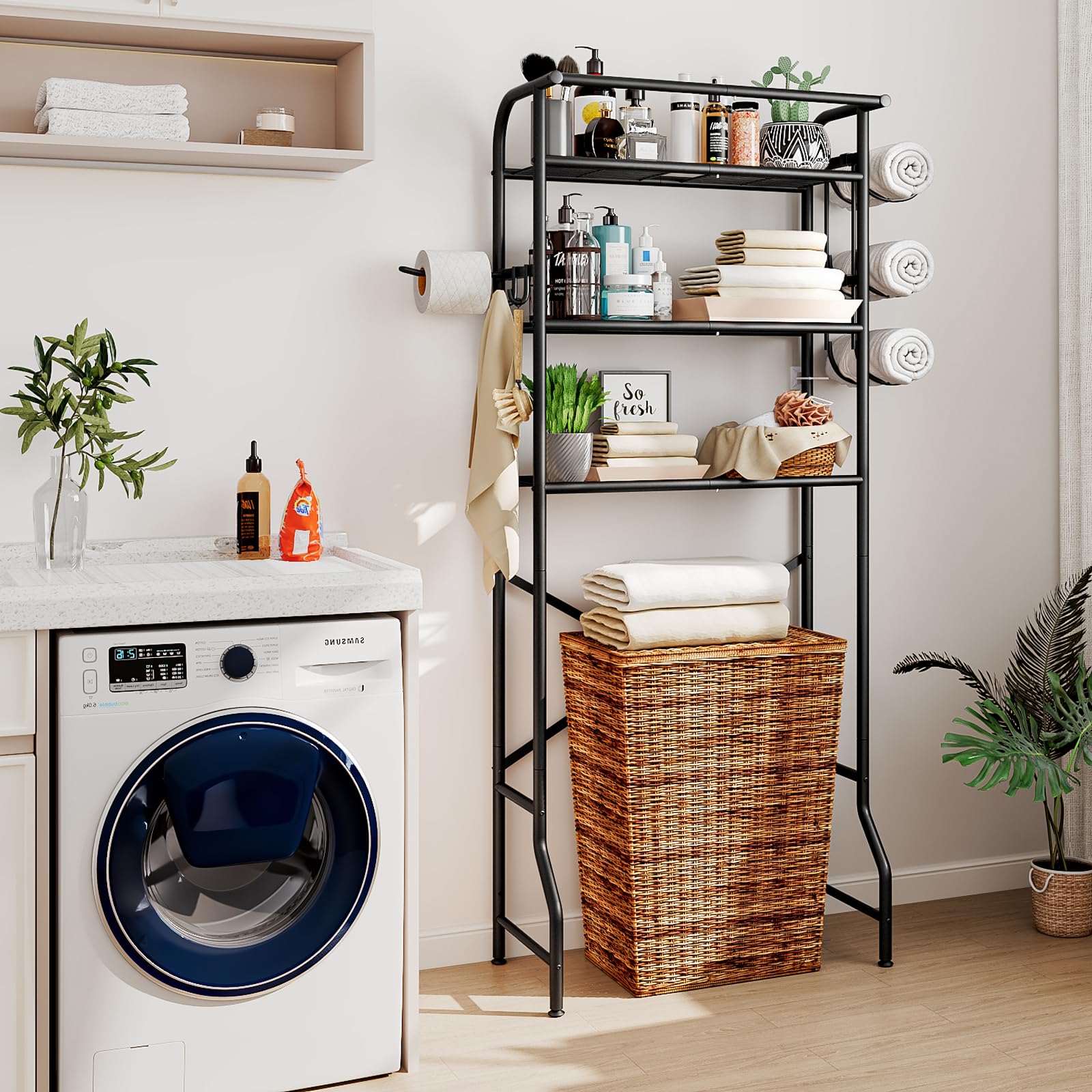 Dazioter Over The Toilet Storage Metal 3 Tier Bathroom Organizer Shelf with Paper Holder Easy to Assemble & Space Saving (Black)