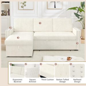 HUMEHA Reversible Sleeper Sectional Sofa, Tufted Chenille L-Shaped Couch with Storage and Pull Out Bed, Convertible Sectional Sleeper Sofa with Nailhead Trims for Apartment Living Room, Beige