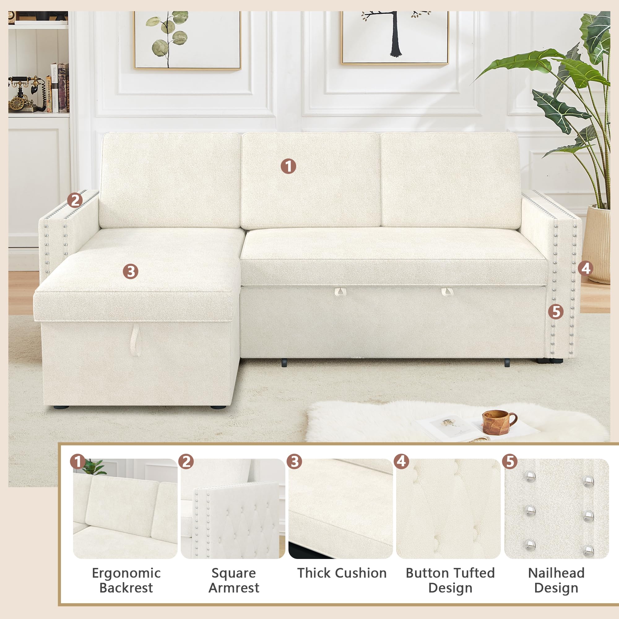 HUMEHA Reversible Sleeper Sectional Sofa, Tufted Chenille L-Shaped Couch with Storage and Pull Out Bed, Convertible Sectional Sleeper Sofa with Nailhead Trims for Apartment Living Room, Beige