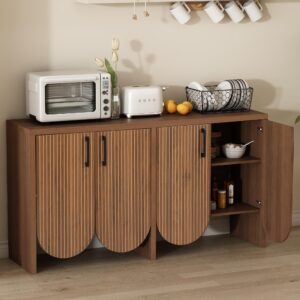 Fluted Buffet Sideboard Cabinet with Storage,Scandinavian 57.9” Storage Cabinet with Adjustable Shelves,Carved Arc Door Design Accent Buffet Cabinet for Living Room Dining Room (Walnut, 4 Door)