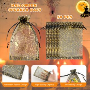 G2PLUS Halloween Organza Drawstring Bags, 50PCS Halloween Organza Bags 4x6, Sheer Organza Pouches, Trick or Treat Candy Goodies Bags, Spiderwebs Organza Bags for Halloween Party Favors (Black)