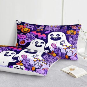 Chumerry Cute Ghost Duvet Cover Halloween Queen Bedding Set Orange Pumpkin Purple Castle Ghost Skull Halloween Decor Teens Kids Cute Graffiti Comforter Cover