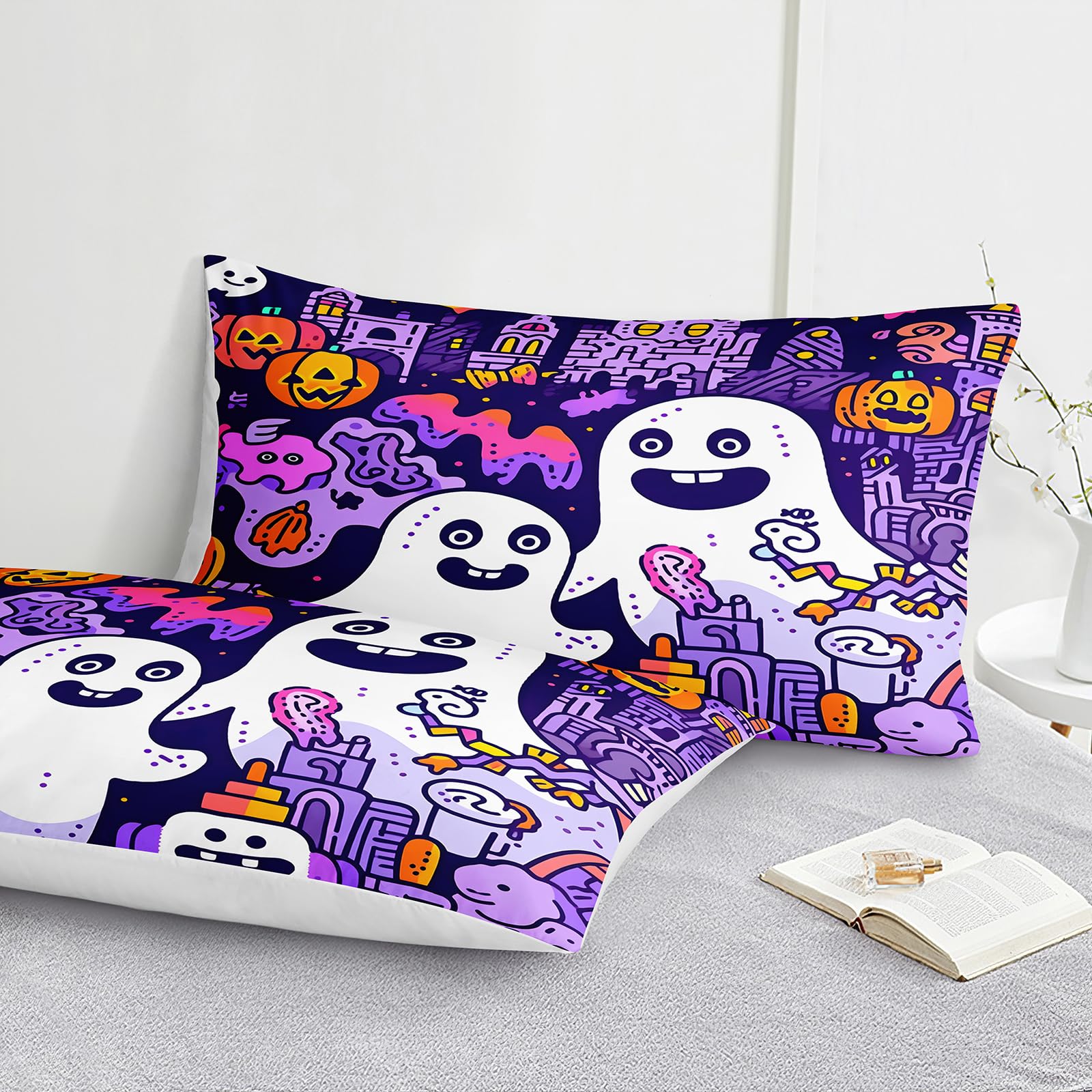 Chumerry Cute Ghost Duvet Cover Halloween Queen Bedding Set Orange Pumpkin Purple Castle Ghost Skull Halloween Decor Teens Kids Cute Graffiti Comforter Cover