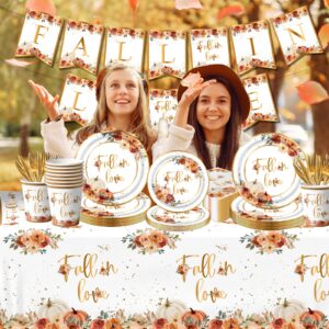 Fall In Love Bridal Shower Decorations Tableware, 142Pcs Fall In Love Decorations Includes Fall In Love Plates Fall In Love Napkins, Fall Bridal Shower Decorations Fall Engagement Party Decorations