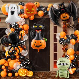 vints 133 pcs halloween balloon garland arch kit,orange black halloween balloons with spider web,pumpkin, bat foil balloon for birthday halloween parties decoration